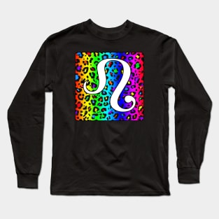 Leo Zodiac Horoscope Rainbow Leopard Print Square Monogram Long Sleeve T-Shirt